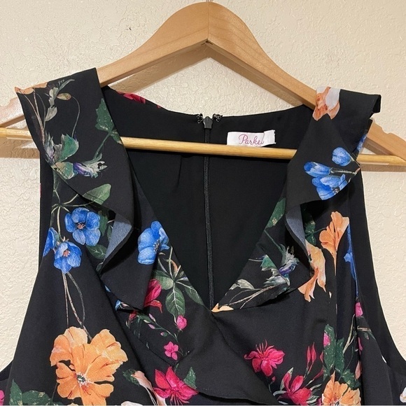 Parker Floral Print Sleeveless Asymmetrical Ruffle Hem Midi Dress Size Medium - Picture 3 of 12